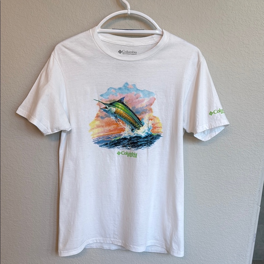 Columbia PFG White Tee with Colorful Marlin Design